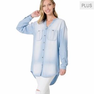 PLUS Zenana Long Sleeve Chambray Shirt
